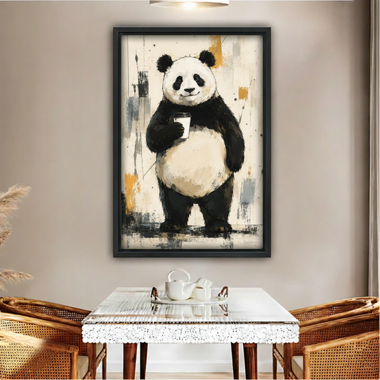Cute panda holding coffee cup framed canvas print above dining table – abstract animal wall art