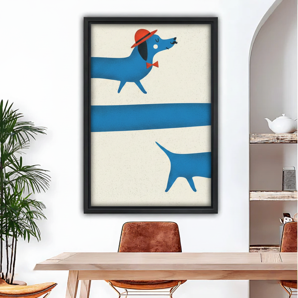 Retro blue dachshund framed canvas wall art held by woman, quirky long dog poster with red hat and bow tie, fun home decor gift