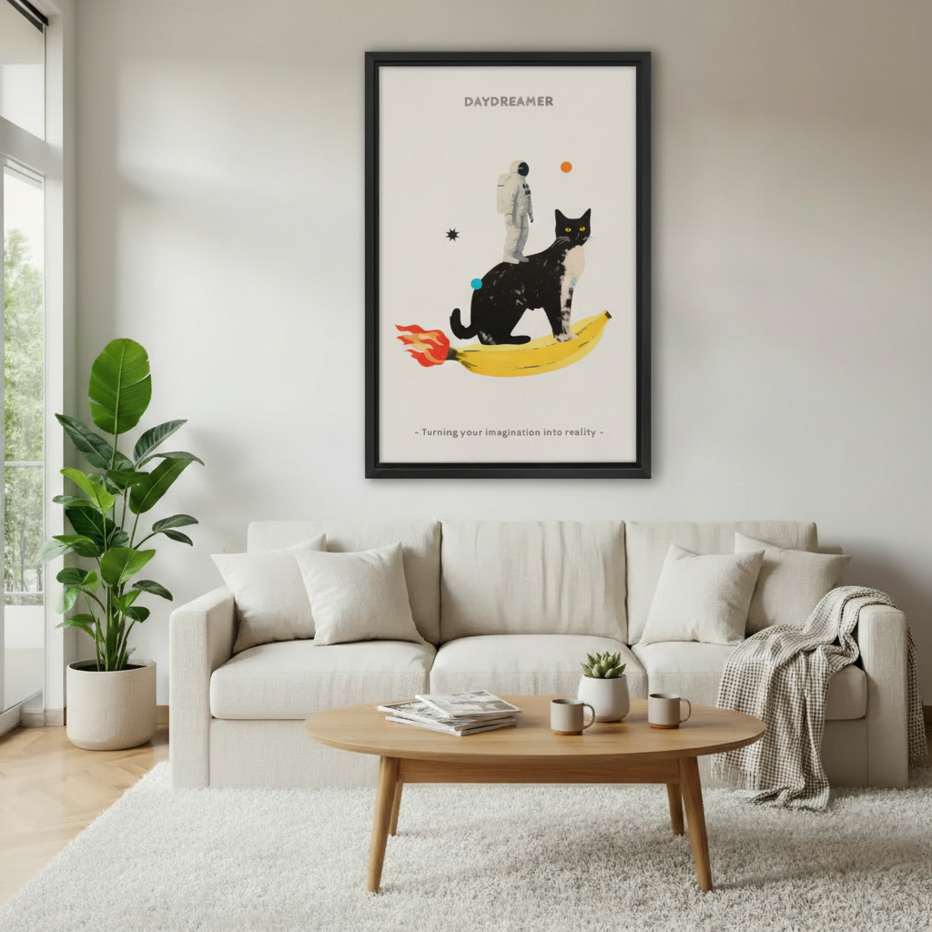 Daydreamer funny black cat banana rocket space collage wall art print in black frame above cream sofa with oak coffee table and succulent in minimalist Scandinavian living room