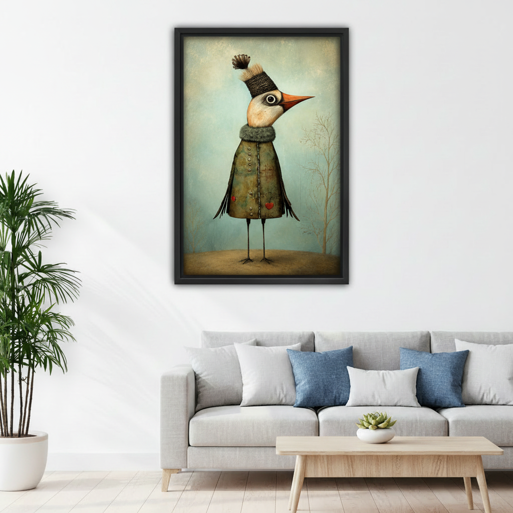 Framed whimsical bird wall art above grey sofa, funny bird character in green coat on teal background, eclectic living room canvas decor