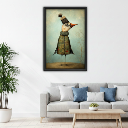 Framed whimsical bird wall art above grey sofa, funny bird character in green coat on teal background, eclectic living room canvas decor