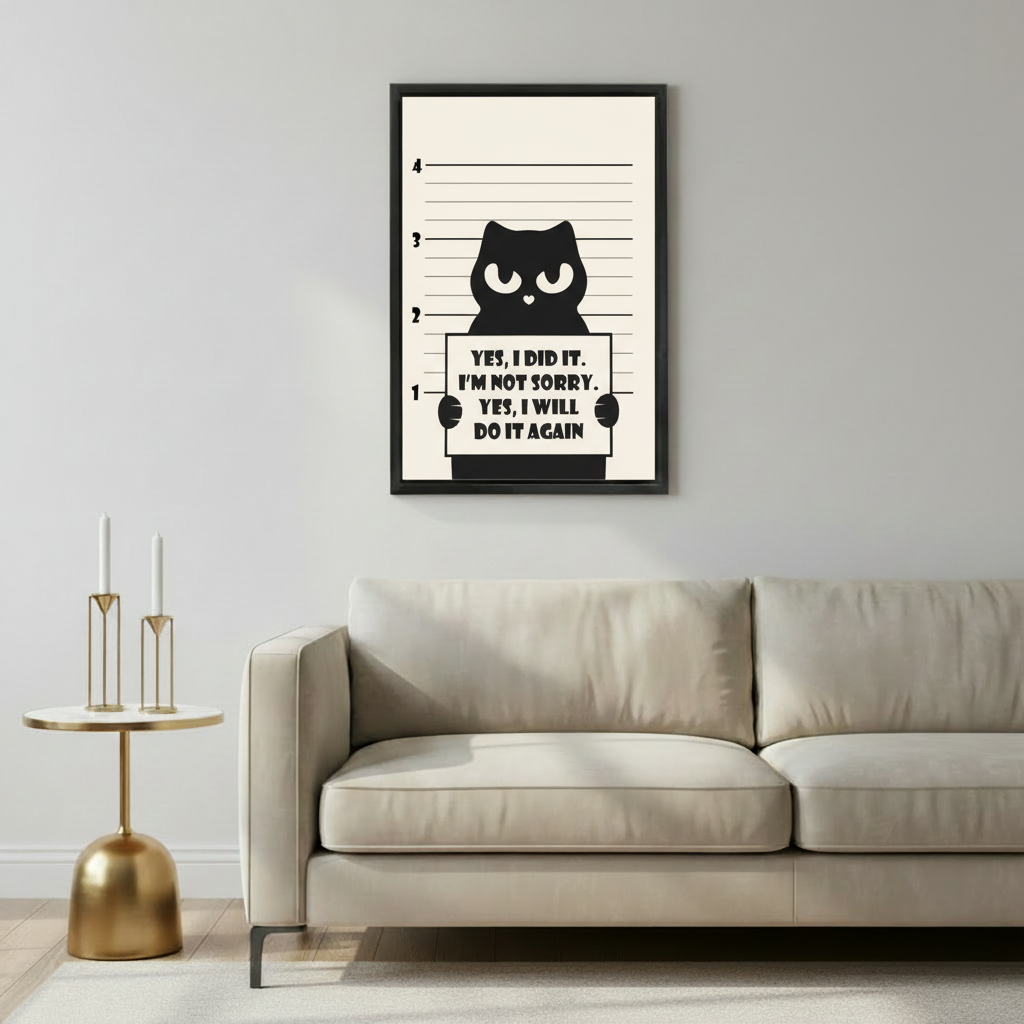 Sassy black cat mugshot not sorry will do it again funny wall art print in black frame above beige sofa with gold geometric side table and white candles in minimalist living room