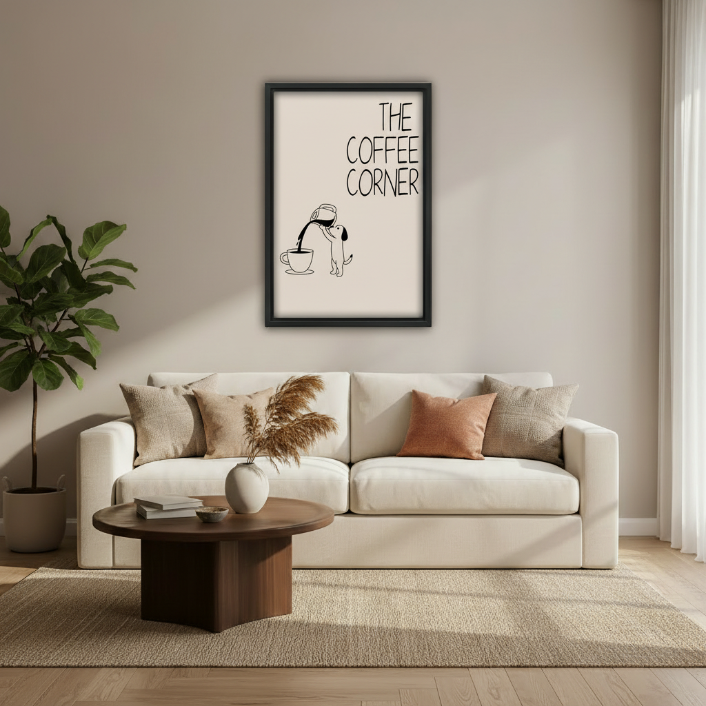Hilarious dog catching coffee from pot the coffee corner funny line art wall art print in black frame above cream sofa with dark round coffee table pampas grass vase and fiddle leaf fig in modern living room