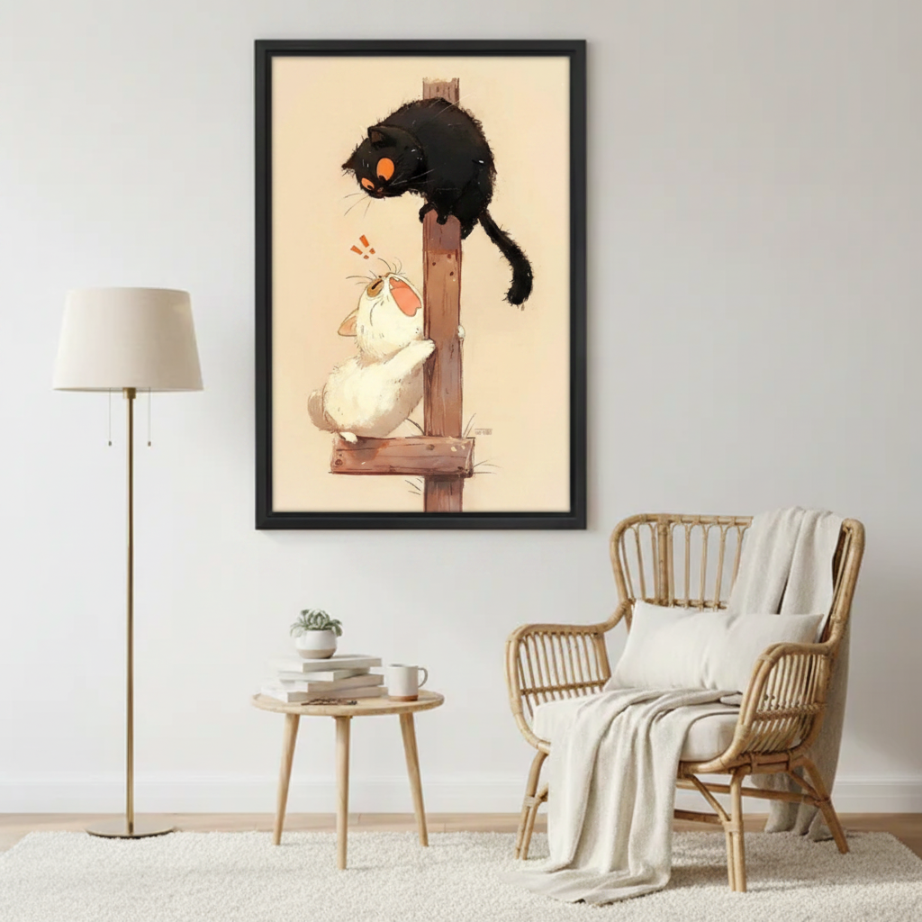 Cute black cat orange eyes startling white cat on wooden post funny Japanese illustration wall art print in black frame beside rattan armchair with round wood coffee table and gold floor lamp in Scandinavian living room