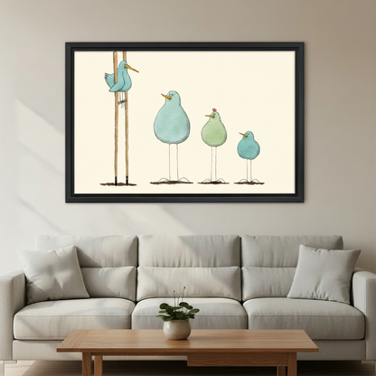 Four chubby birds one on bamboo stilts funny watercolor wall art print in black frame above light grey sofa with oak coffee table and small green plant in minimalist living room