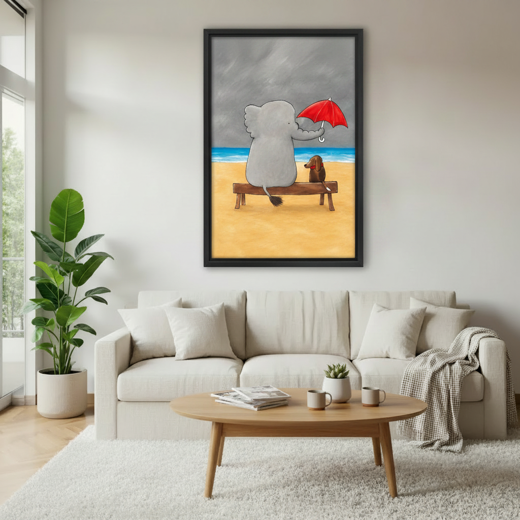 Elephant and dachshund on beach bench with red umbrella framed art print, black frame, whimsical cartoon friendship illustration grey stormy sky, hung above a cream linen sofa in a bright Scandinavian living room with fiddle leaf fig and oval coffee table