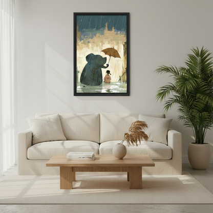Whimsical elephant umbrella girl framed art print, black frame, storybook rainy scene, hung above a cream sofa in a Scandinavian living room
