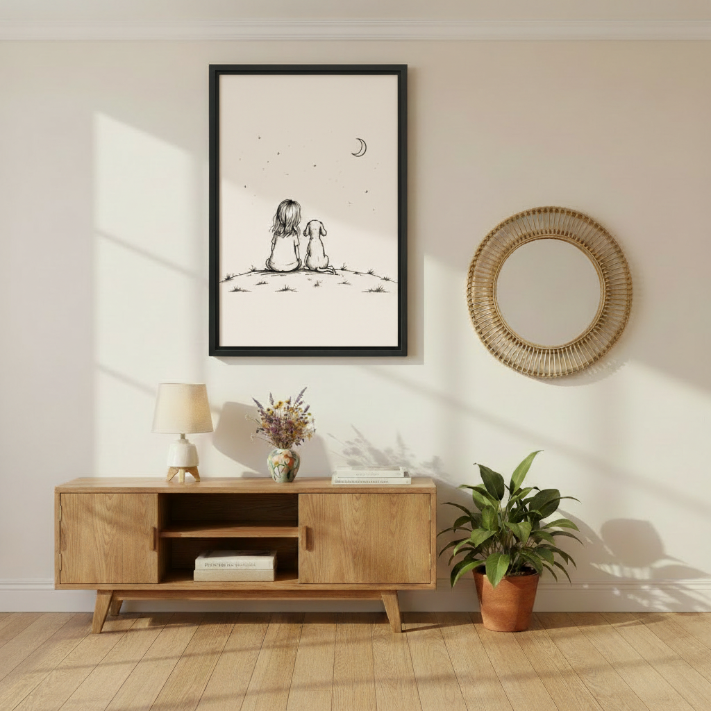 Cute girl and dog sitting together moonlit night sky minimalist line art wall art print in black frame above oak media console with wildflower vase and rattan mirror in Scandinavian living room