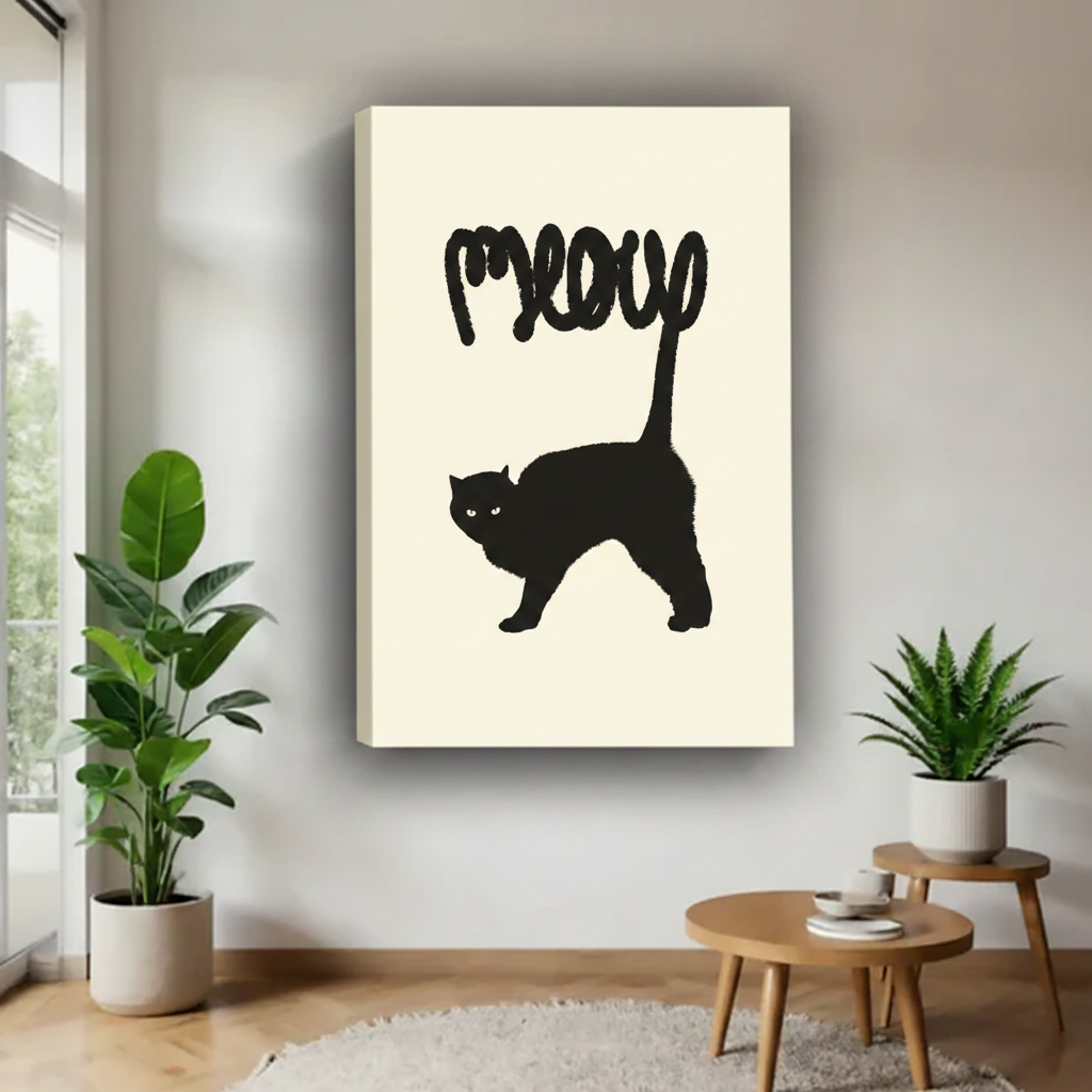 Meow black cat minimalist canvas art print — unframed silhouette typography, cream background, cat lover wall decor