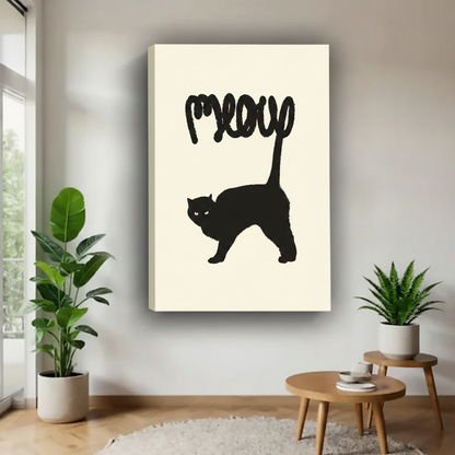 Meow black cat minimalist canvas art print — unframed silhouette typography, cream background, cat lover wall decor