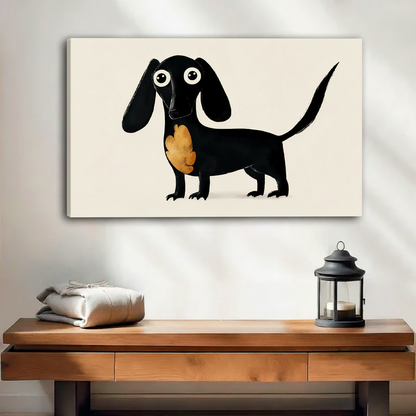 Whimsical dachshund canvas wall art, frameless gallery wrap, cute black dog print above wooden console table with lantern