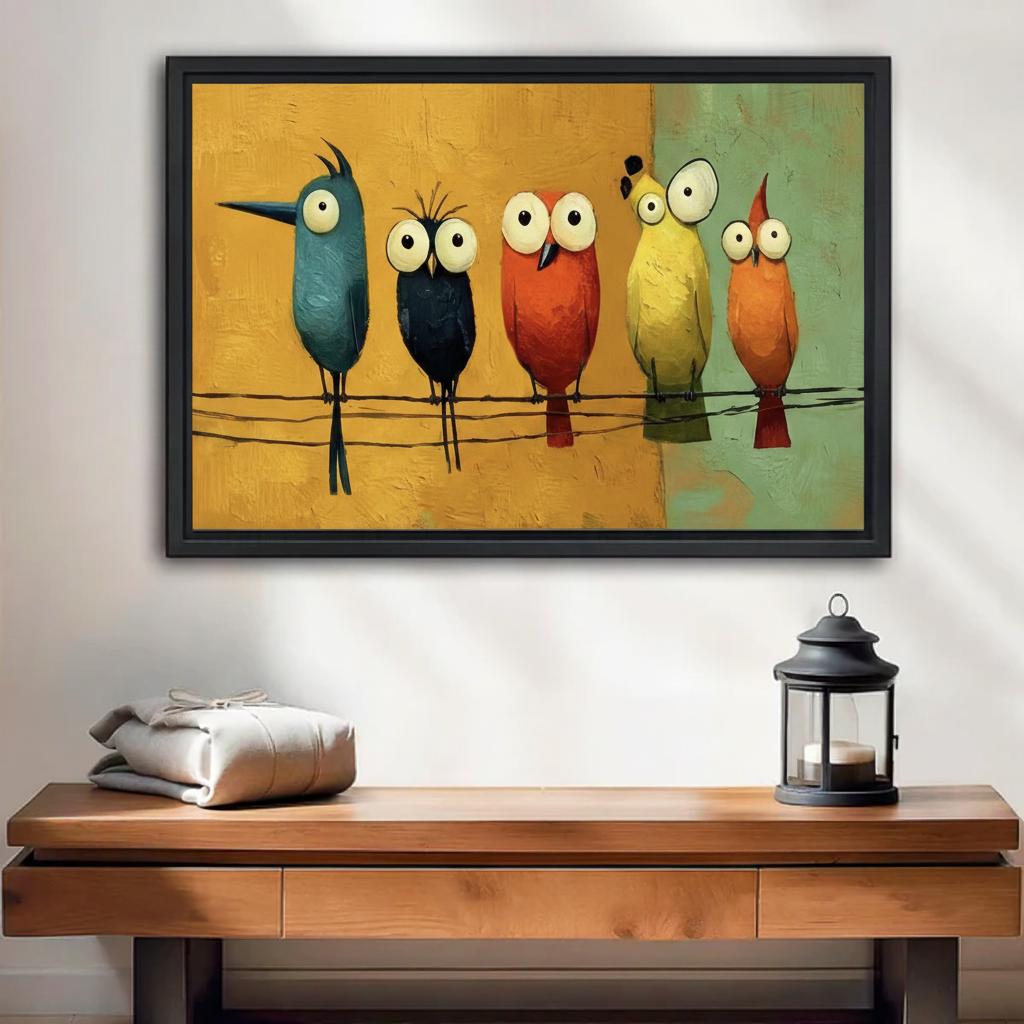 Colorful cartoon birds canvas wall art in black floating frame, five whimsical birds on wire hung above wooden console table with lantern