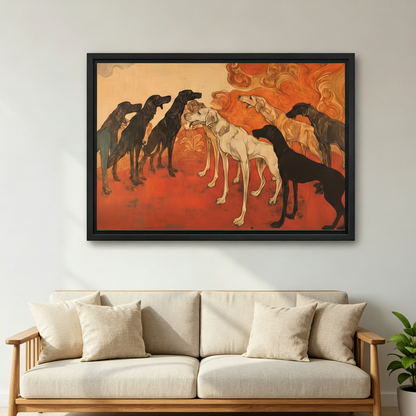 Art Nouveau dog wall art canvas with black and cream hounds on red background, framed print above living room sofa