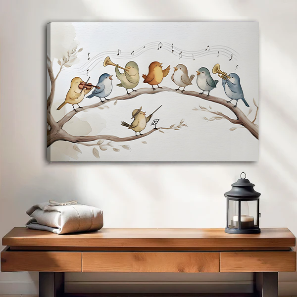 Whimsical bird orchestra canvas wall art in a black frame above a cream sofa with neutral cushions.