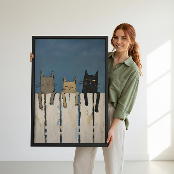 Whimsical Three Cats Fence Folk Art Canvas Wall Art l3219