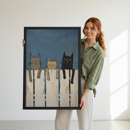 Whimsical Three Cats Fence Folk Art Canvas Wall Art l3219