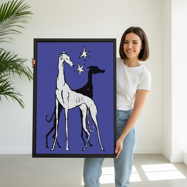 Woman holding large vintage greyhound framed canvas art size reference