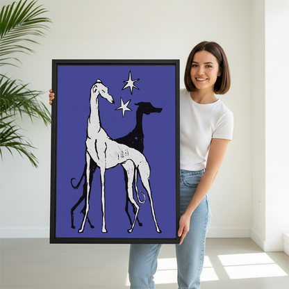 Woman holding large vintage greyhound framed canvas art size reference
