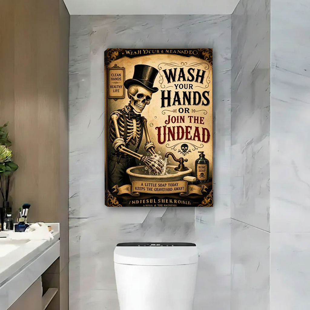 Vintage Gothic Skeleton Wash Your Hands Canvas Wall Art | Framed & Unframed l4910
