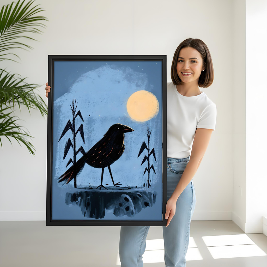 Midnight Crow Full Moon Framed Wall Art Print l2993