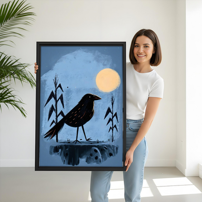 Midnight Crow Full Moon Framed Wall Art Print l2993