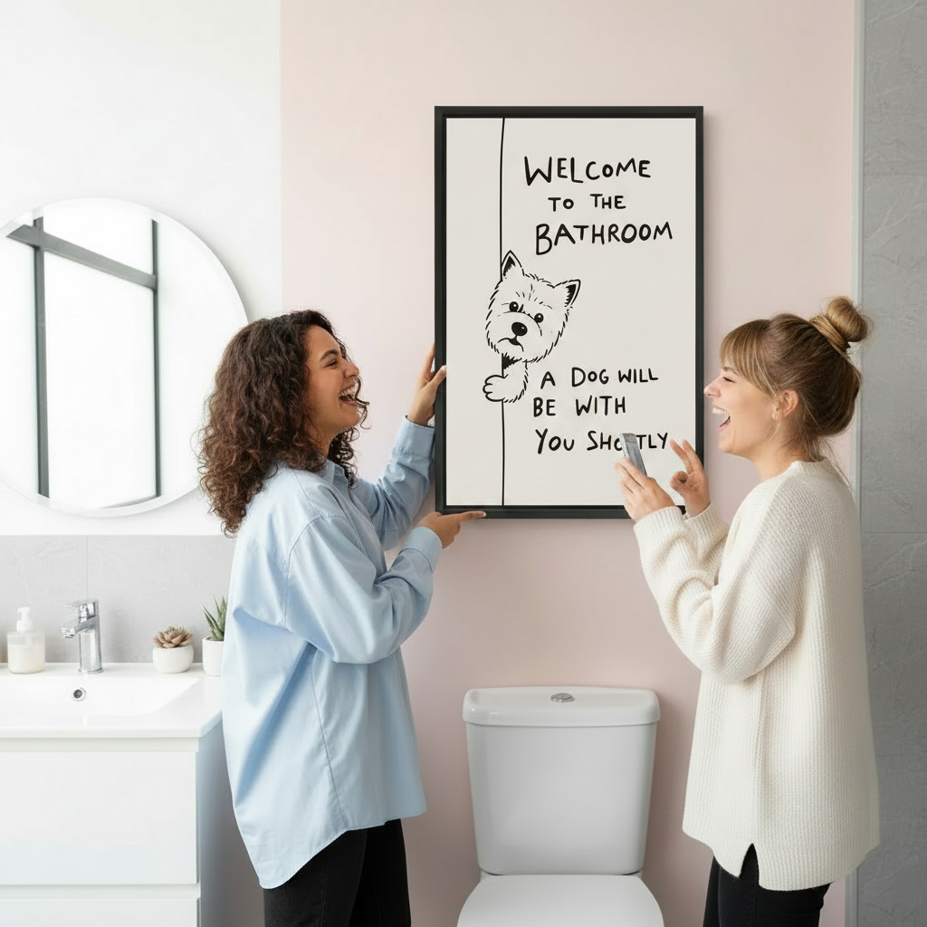Two women laughing while hanging framed Westie dog bathroom quote wall art, funny dog print for bathroom decor