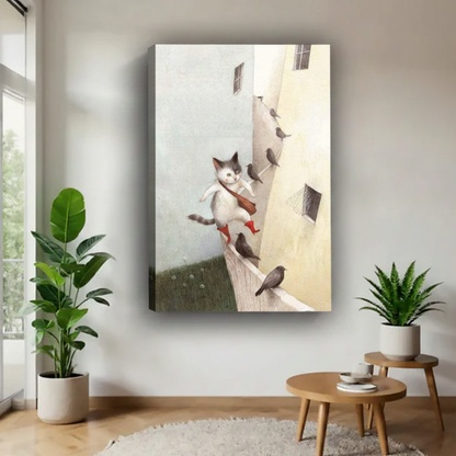 Gallery wrap canvas whimsical cat illustration in bright Scandinavian living room with fiddle leaf fig plant