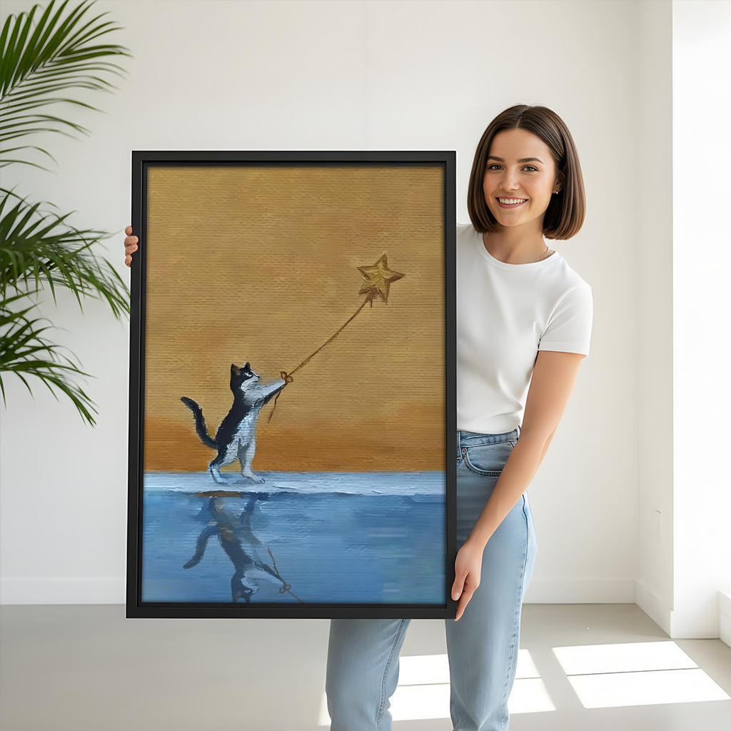 Woman holding large framed cat reaching star art print, motivational wall decor gift