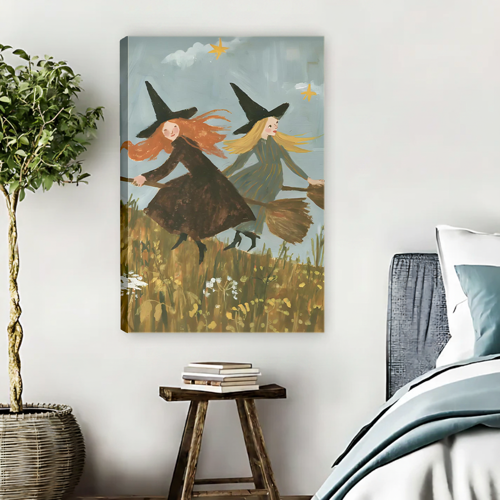 Unframed flying witches canvas wall art displayed above a console, featuring two broom-riding figures beneath golden stars.