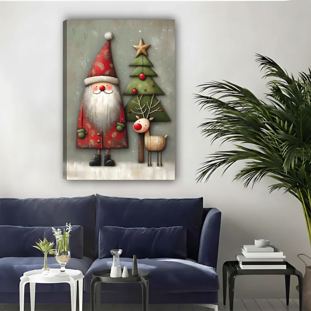 Framed Santa and reindeer Christmas canvas wall art held in a bright living room
