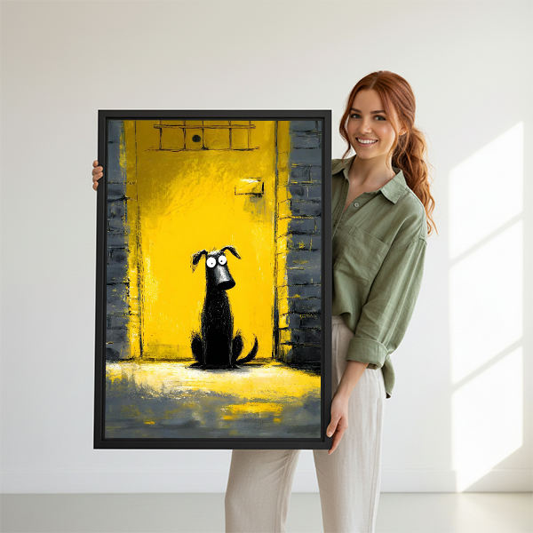 Smiling woman holding a large framed funny dog yellow door street art print, bold pop art wall art perfect as a dog lover gift