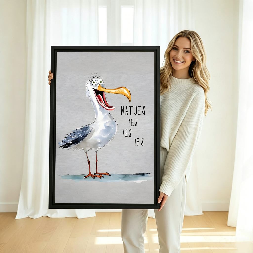 Woman holding large funny seagull framed canvas print – 'Matjes Yes Yes Yes' coastal humor wall art in black frame perfect as beach house or kitchen gift