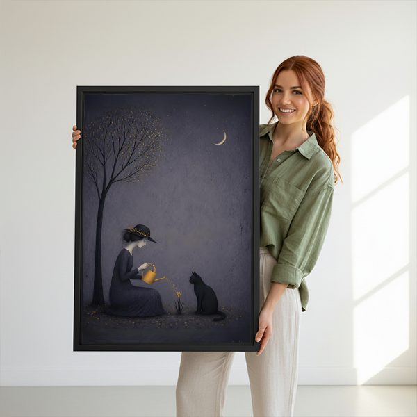Woman holding a large framed moonlit witch and black cat art print, dark botanical wall art perfect as a witchy home gift