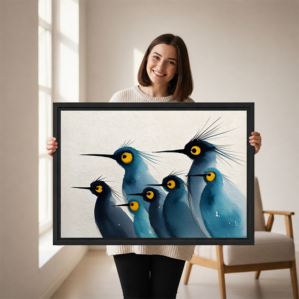 Smiling woman holding large framed blue crested birds watercolor wall art print size reference