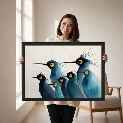 Smiling woman holding large framed blue crested birds watercolor wall art print size reference