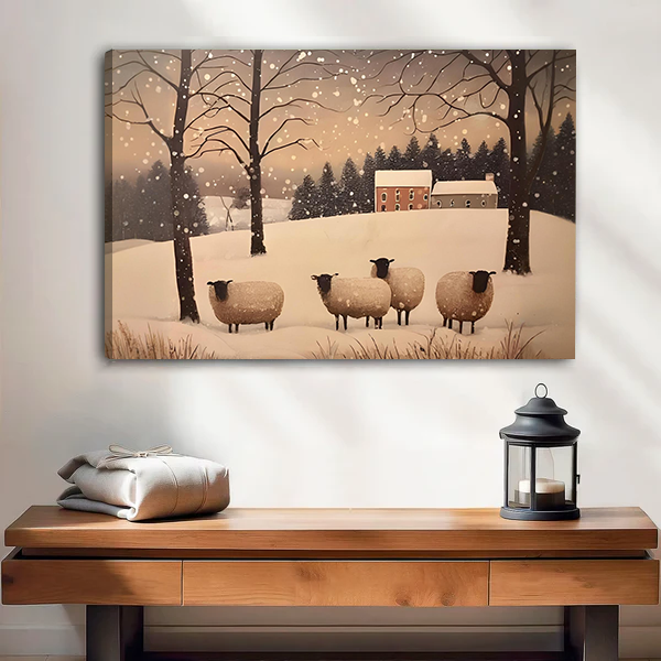 Black-framed winter sheep canvas wall art showing four sheep and a distant farmhouse above a wooden console.