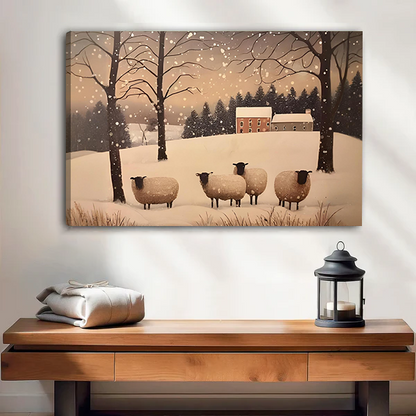 Black-framed winter sheep canvas wall art showing four sheep and a distant farmhouse above a wooden console.