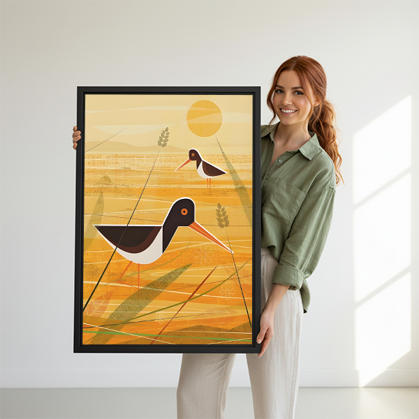 Woman Holding Mid-Century Bird Framed Art Print Size Reference
