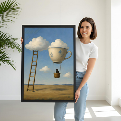 Woman holding whimsical cat teacup balloon art print, large framed wall art for home