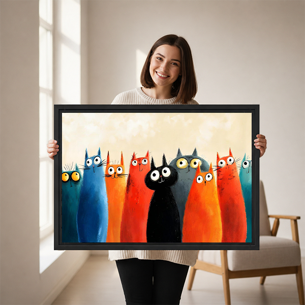 Woman holding colorful cats gang framed canvas print – funny whimsical cat wall art gift