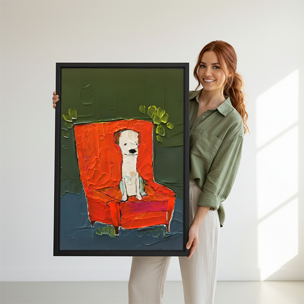 Woman holding large dog on red armchair expressionist bold framed canvas print showing size reference in bright white studio