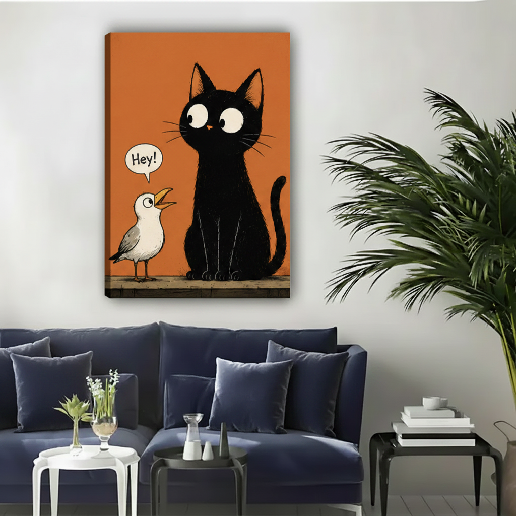 Black Cat Seagull Retro Cartoon Canvas Side Profile – Funny Orange Background Cat Wall Art Frame Depth