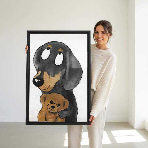 Woman holding large framed canvas print of dachshund hugging teddy bear sweet watercolor illustration wall art