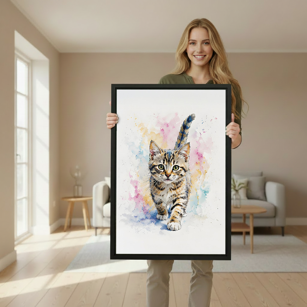 Woman holding large watercolor kitten framed art print in bright modern home interior