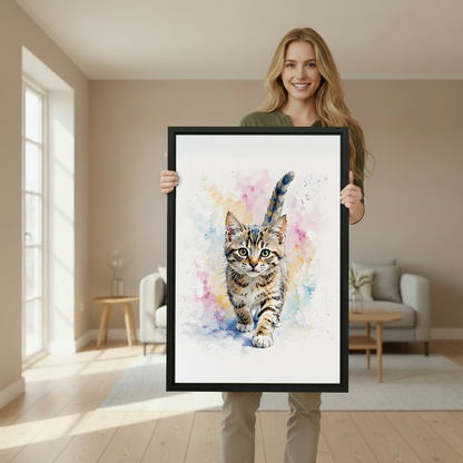 Woman holding large watercolor kitten framed art print in bright modern home interior