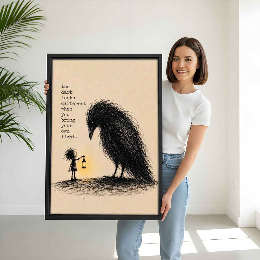 Woman holding large inspirational framed art print with girl lantern and dark creature quote, size reference
