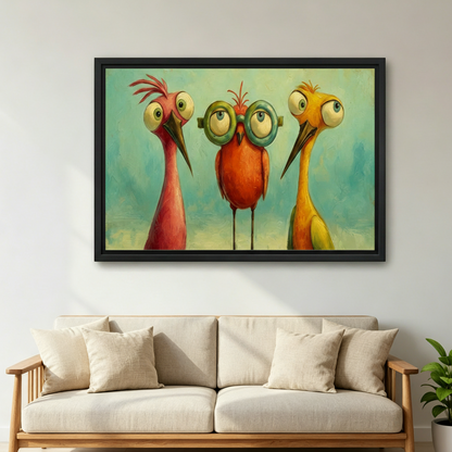 Quirky colorful birds framed canvas above sofa, whimsical bird wall art for living room decor