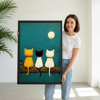 Woman holding large three cats moon teal sky framed canvas art size reference