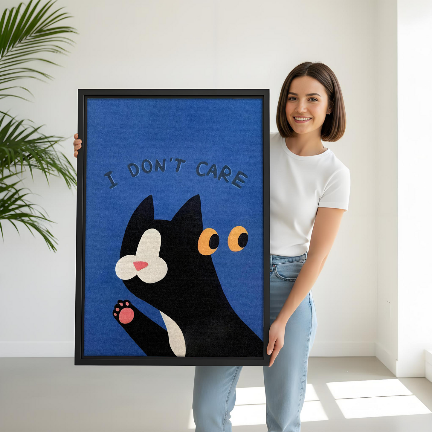 Funny "I Don't Care" Cat Pop Art Framed Canvas l2642