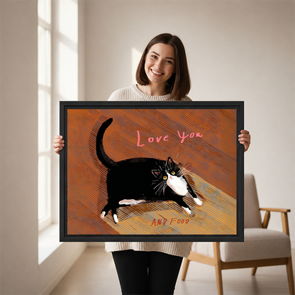 Smiling woman holding large funny cat Love You and Food framed canvas print to show size in bright living room